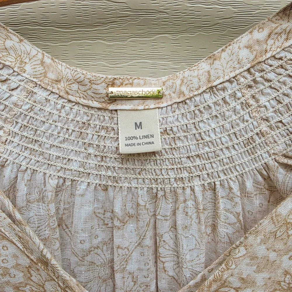 Magaschoni Linen Dress M Beige Floral Boho Prairie Smocked Tassel Midi Romantic - Picture 3 of 7